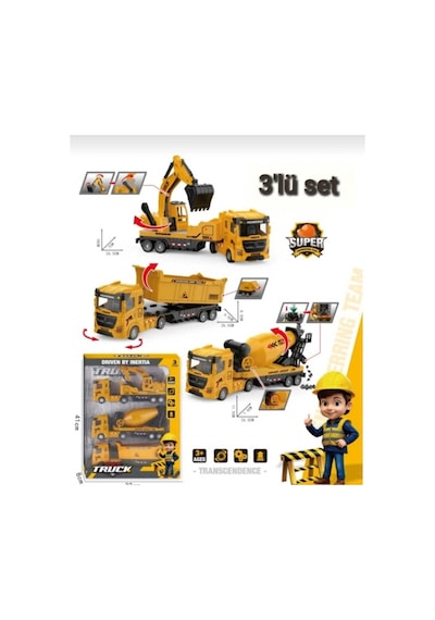 3 Lü Set Büyük İş Makineleri 28 Cm Kamyon Kepçe Mikser
