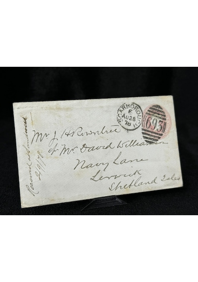 İngiltere Klasik Dönem 1878 Victoria Dönemi Pink Penny Kendinden Pullu Antiye Zarf Postadan Geçmiş