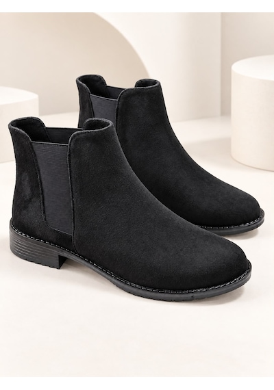 Dabab Shoes Maral Kadın Siyah Süet Yuvarlak Burun Lastik Detaylı 3 Cm Topuklu Kaymaz Taban Chelsea Bot Bootie