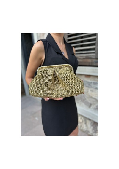 Hobilanka . Bags Altın Renk Parlak Metalik Kağıt İp Portföy Clutch Çanta