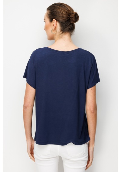 Desen Triko Kadın Sıfır Yaka Su Yolu Taşlı Düşük Kollu Penye T-shirt 26833 Lacivert Lacivert