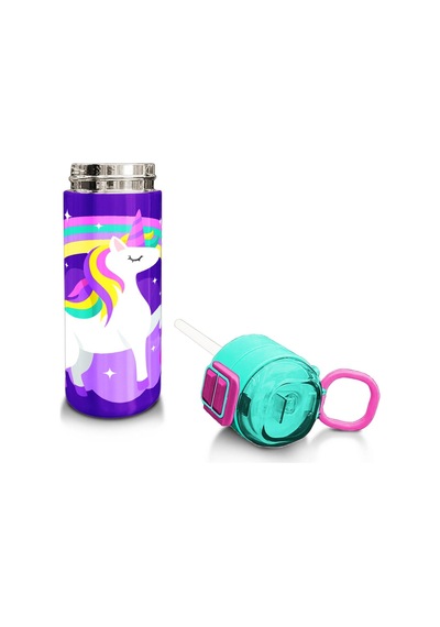 Coral High Kids Mor Su Yeşili Unicorn Desenli Pipetli Ve Direkt İçim Çelik Termos 500 Ml 31818 Mor