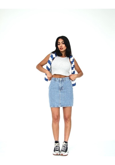 Zeo Basic Eskitme Denim Kumaş Mini Etek Mavi - Eskitme Detaylı