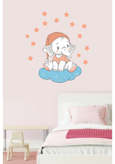 Bulutta Oturan Sevimli Fil ve Yıldızlar Çocuk Odası Duvar Sticker
