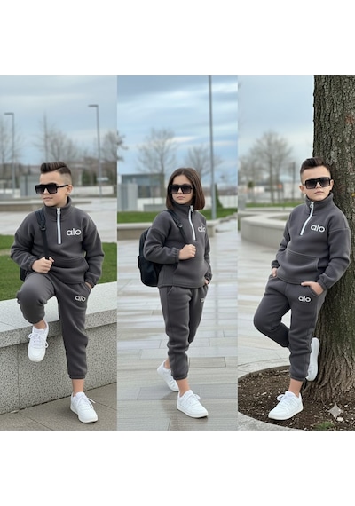 Modavals Kız Çocuk & Erkek Çocuk Alo Baskılı Traşlı Pofidik Polar Takım Antrasit