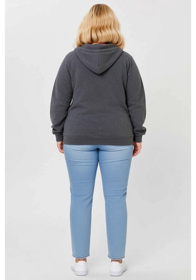 Ersefa Kadın Büyük Beden Sweatshirt Üç İplik İçi Şardonlu Kapüşonlu Tam Füme