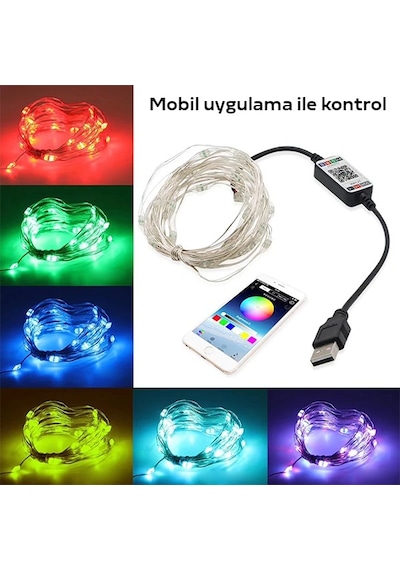 Ally 10mt 100 Led Rgb Bluetooth Telefonla Kontrol Edilen Usb Led Çok  Renkli