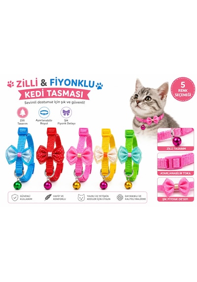 Zilli Fiyonklu Kedi Tasması Ayarlanabilir Renkli Papyonlu Kedi Boyun Tasması