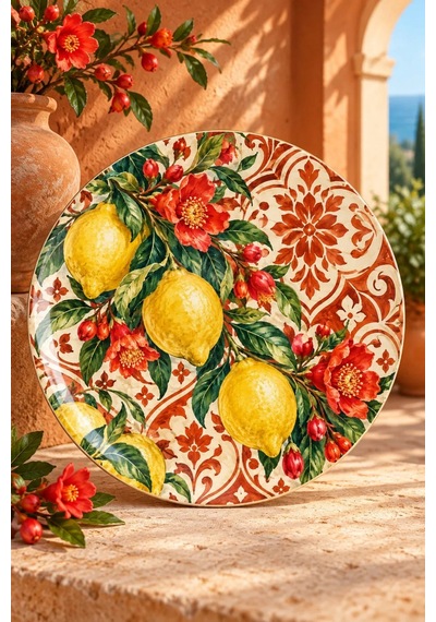 Dekoratif Duvar Tabağı Limonlu Akdeniz Desenleri Dekorlu Seramik Tabak Kahverengi
