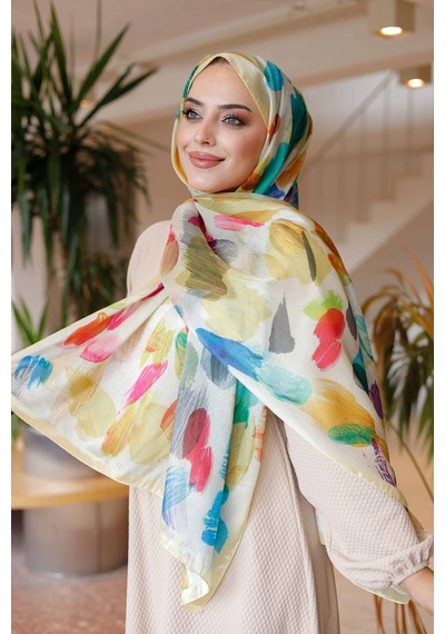 Mimiyum Nayf İpek Şal Pastel Desen Limon Sarısı