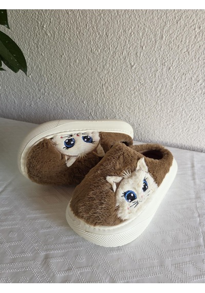 Kadın Kedili Peluş Rahat Ev Terliği 25bnt133 Camel
