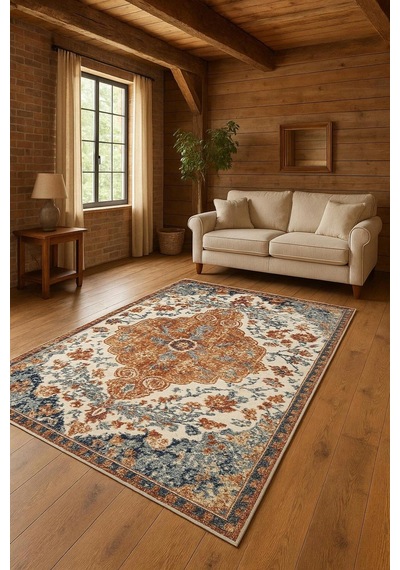 Vintage Desen Turuncu Mavi Renk Modern Halı Dekoratif Kilim Turuncu