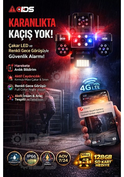 4 Lens 20mp Ultra Hd Tam Kontrol Sim Kartlı Güneş Enerjili Kamera 12xzoom Çakar Led Sd Kart
