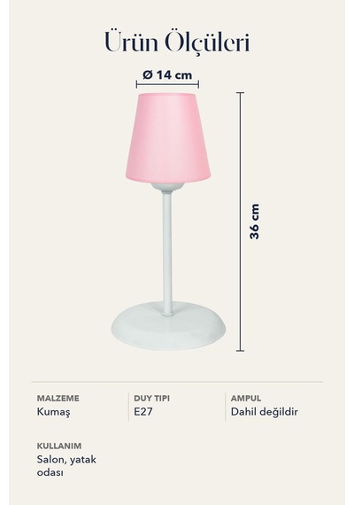Metal Ayaklı Konik Kumaş Abajur Masa Lambası 14 cm Pembe