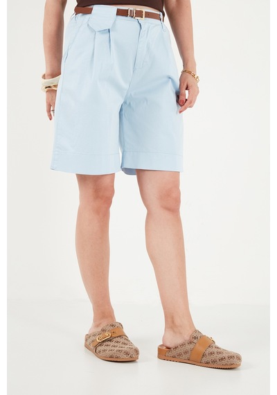 Lela Pamuklu Loose Fit Pileli Kemerli Bermuda Şort Bayan Şort 668yp5439 Mavi