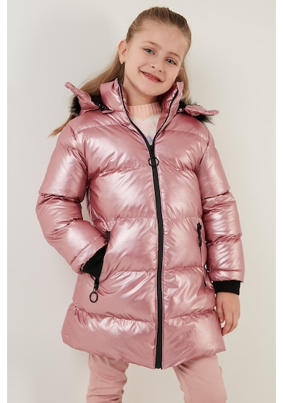 Lela Peluş Astarlı Yakası Suni Kürklü Çıkarılabilir Kapüşonlu Kışlık Kız Çocuk Mont 5761908 Pembe