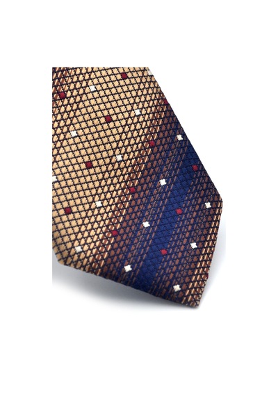 Gaffy Bej Kahverengi Ve Lacivert Verev Desenli Dokuma Kumaş Mendilli Slim Fit Kravat // Sdk-240801 Desenli