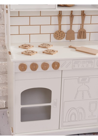 Boyalı Beyaz Ahşap Oyuncak Bulaşık Makine Detaylı Mutfak Tabak Ve Spatula Seti Hediye