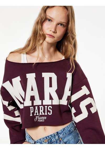 Koton Şardonlu Uzun Kollu Baskılı Kayık Yaka Oversize Crop Sweatshirt Bordo 6wal10574ık Bordo