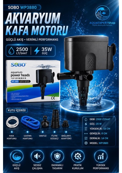 Sobo Akvaryum Kafa Motoru - Sump Motoru - 2500 Lt/saat - 16-8-14 Cm - 35w - Yüksek Su Sirkülasyonu - Wp 3880