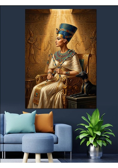 Tahtta Oturan Mısır Kraliçesi Nefertiti Dekoratif Kanvas - Mdf Ahşap Tablo