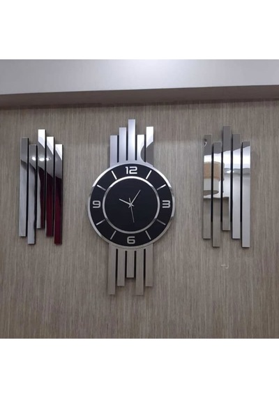 Gümüş Renk Aynalı Pleksi Modern Tasarım Oval Duvar Saati Tablo 3 Lü Set Sessiz Mekanizma Saat 70x35cm Tablo 50x20 Cm Ahşap - Gümüş - Siyah