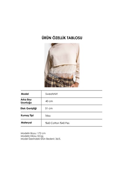Kadın Bej W6-105 Dantel Detaylı Bol Kesim Tasarım Sweatshirt