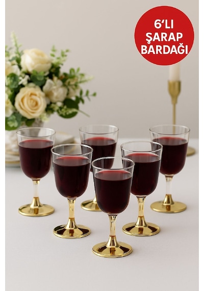6'lı Gold Base Plastik Şarap Bardağı Düğün, Davet, Organizasyon, Parti İçin Dayanıklı 150 Ml