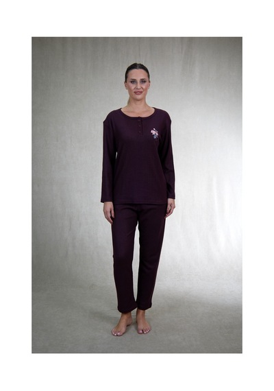 Estiva Kadın Nakış İşlemeli Patlı İnterlok Şardonlu Pijama Takımı Bordo