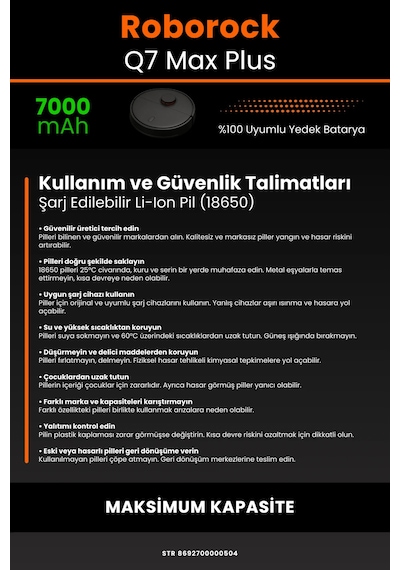 Roborock Q7 Max Plus 7000mah Uyumlu Robot Süpürge Bataryası - Shrink - Maksimum Kapasite