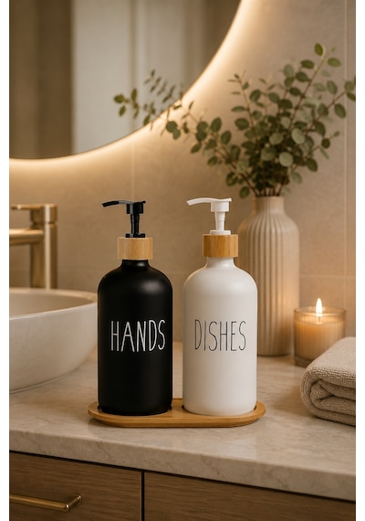 2 Li Beyaz Mutfak Sıvı Sabunluk Seti 500ml+500ml Bambu Tepsili