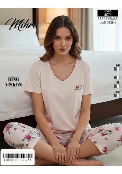 Mihra Kadın Viskon V Yaka Kısa Kol Kapri Likralı Pijama Takımı 40111p - 1 Adet Pembe