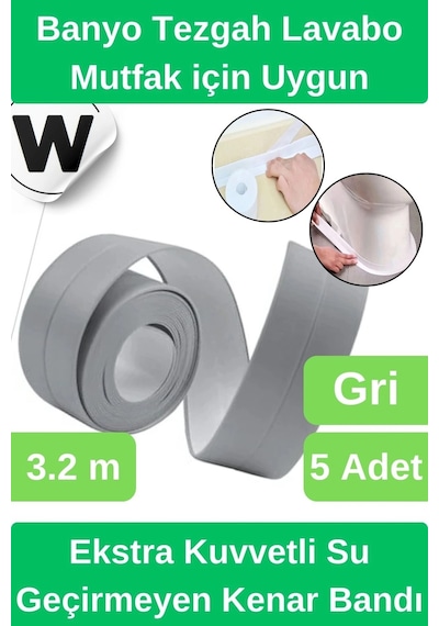 Premium Su Geçirmez Önleyici Yalıtım Küf Mutfak Banyo Lavabo Gri Kenar Şerit Bant 3.2m 5 Adet