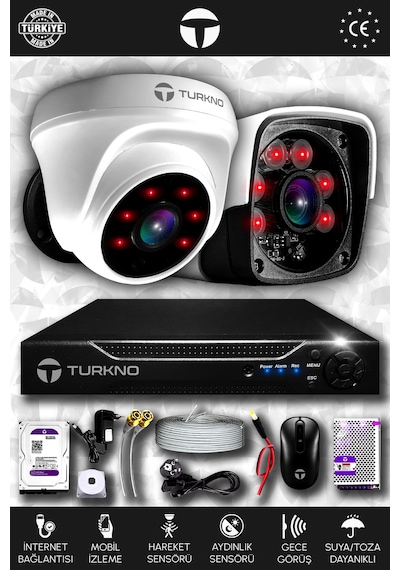 Turkno 2 Kameralı Pania 1 İç Kamera Set 250 GB HDD Full HD Gece Görüşlü Güvenlik Kamerası Sistemi