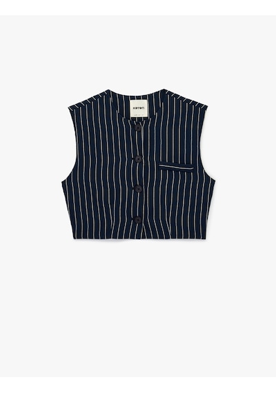 Koton Düğmeli Bisiklet Yaka Çizgili Crop Blazer Yelek Lacivert Çizgili 6sak20028pw 7s2