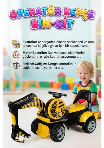 Bin Git Kepçe Binilebilir Manuel Kontrol Edilebilir Kepçeli 12 Parça Stickerlı Oyuncak İnşaat Aracı Çok Renkli