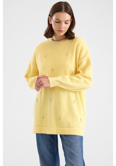Olcay Taş Detaylı Soft Kumaş Oversize Triko Kazak Sarı 8290
