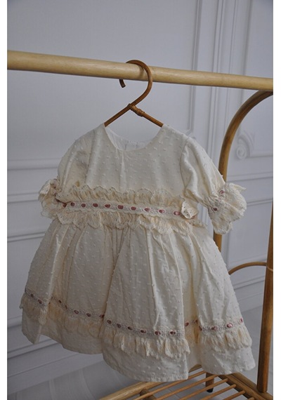 Arkası Çiçek Detaylı Vintage Kız Çocuk Elbise Krem