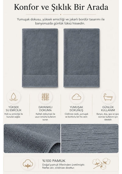 2'li Büyük Boy Banyo Havlusu 90x150 Cm %100 Pamuk Siena Collection 650 Gr İndigo