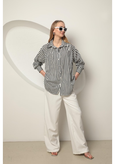 Chıcnhappy Poplin Kalın Çizgi Kadın Gömlek Siyah 24pn50610147 Siyah