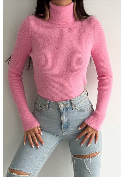 Femelle Kadın Pembe Standart Beden Peluş Triko Boğazlı Kazak