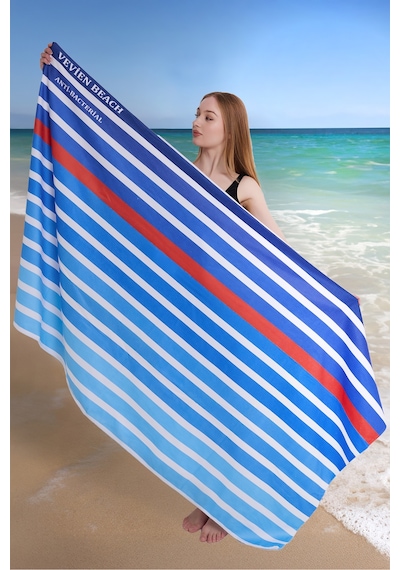Çizgili Dijital Baskılı 100x180 Cm Plaj Havlusu Plaj Çantası+bon Lacivert
