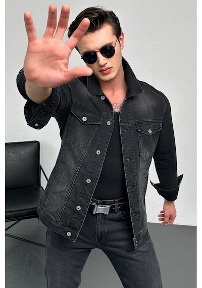 HLT Jeans Erkek Antrasit Jean Denim Standart Kalıp %100 Pamuk Cepli Düğmeli Kot Ceket 001
