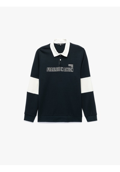 Koton Pamuklu Regular Fit Renk Bloklu Düğmeli Baskılı Polo Yaka Sweatshirt Lacivert 7wam70046mk