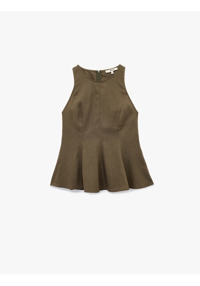 Koton Bol Kalıp Kolsuz Bisiklet Yaka Keten Peplum Bluz Haki 5sak30132ew Haki