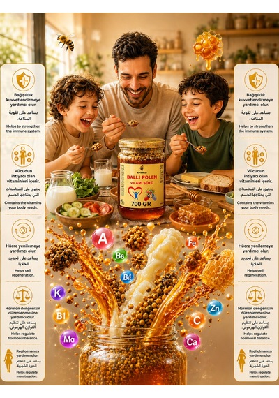 Ballı Polen Ve Arı Sütü 700gr %100 Doğal Arı Ürünleri Karışımı Energy Booster, , Royal Jelly & Bee Pollen Mix