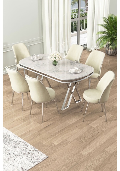 Canisa Lai Serisi 90x168 Lak Panel Beyaz Mermer Desen Krom Ayak Masa Takımı 6 Krem Sandalye Masa Beyaz Mermer Desen Detay Krom Sandalye Krem Canisa Lai Serisi 90x168 Lak Panel Beyaz Mermer Desen Krom Ayak Masa Takımı 6 Krem Sandalye Masa Beyaz Mermer Desen Detay Krom Sandalye Krem