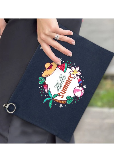 Bk Gift Yaz Temalı-4 Astarlı Lacivert Portföy Çanta 30x21cm, Baskılı El Çantası, Organizer Çanta