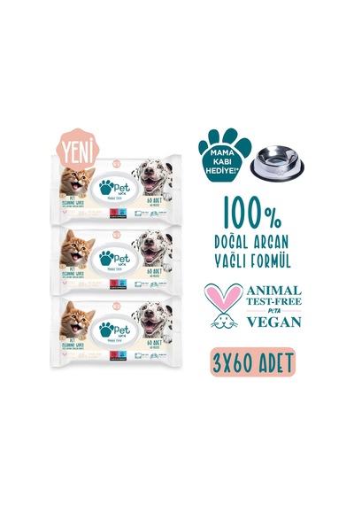 Pet Love Evcil Hayvan Temizleme Mendili Doğal Argan Yağlı 3 x 60 Adet