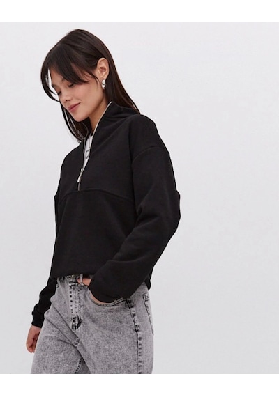 Oversize Yarım Farmuarlı Yakalı Basic Sweatshirt - Siyah Siyah
